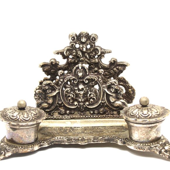 Rococo Style Silver Plated Brass Desktop Double Inkwell w/Cherubs Letter Holder - Picture 2 of 11